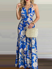 Women's Dresses Deep V-Neck Halter Print Bare Back Dress