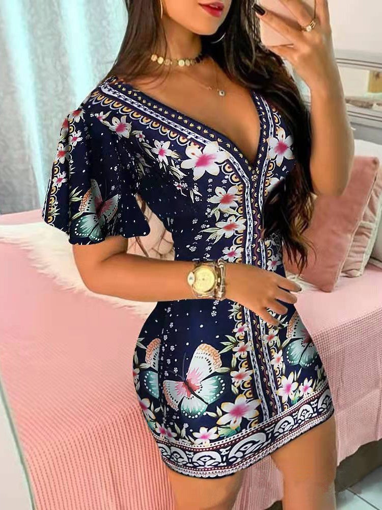 Women's Dresses Deep V-Neck Print Short Sleeve Skinny Dress