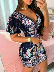 Women's Dresses Deep V-Neck Print Short Sleeve Skinny Dress