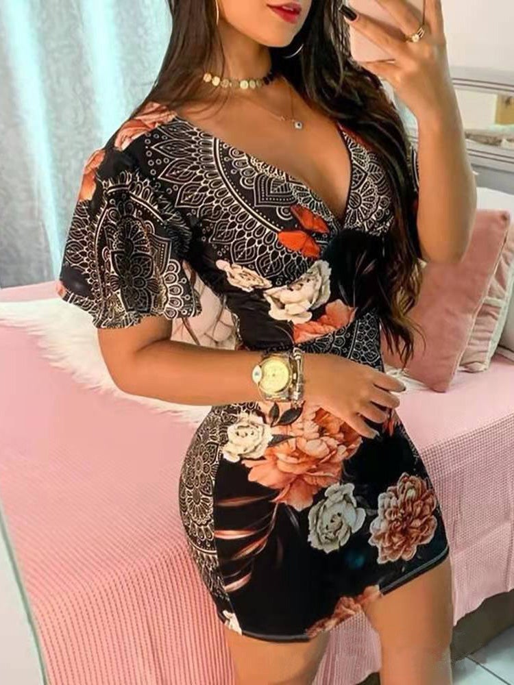 Women's Dresses Deep V-Neck Print Short Sleeve Skinny Dress