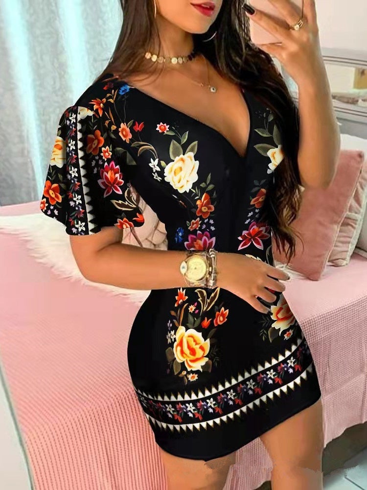 Women's Dresses Deep V-Neck Print Short Sleeve Skinny Dress