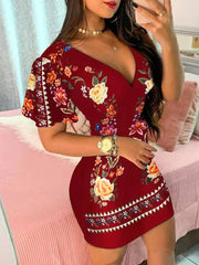 Women's Dresses Deep V-Neck Print Short Sleeve Skinny Dress
