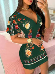 Women's Dresses Deep V-Neck Print Short Sleeve Skinny Dress