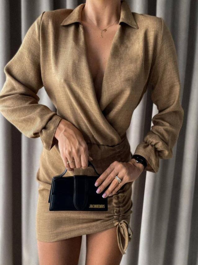Women's Dresses Fashion V-Neck Long Sleeve Drawstring Dress