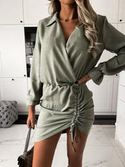 Women's Dresses Fashion V-Neck Long Sleeve Drawstring Dress