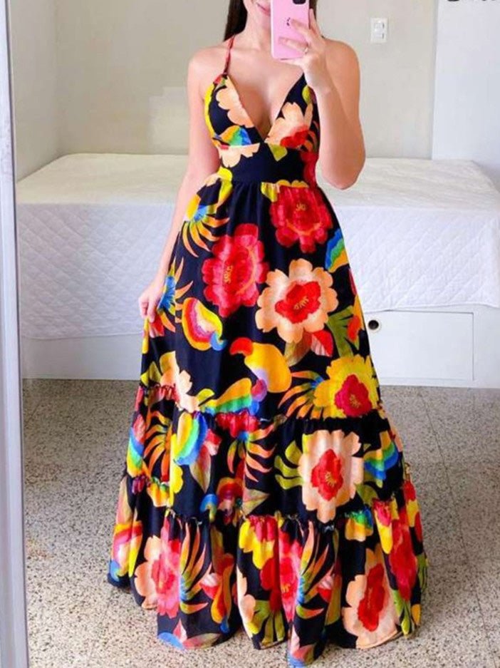 Women's Dresses Floral Suspender V-Neck Sleeveless Dress