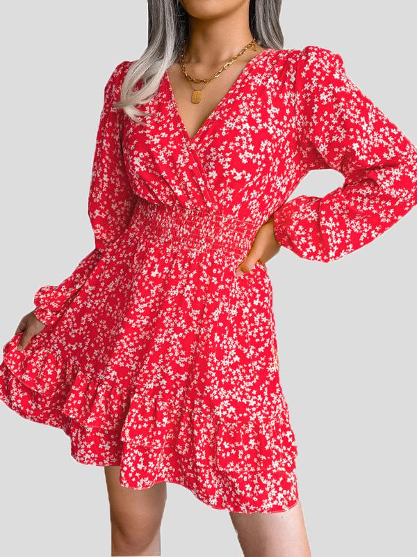 Women's Dresses Floral V-Neck Long Sleeve Mini Dress
