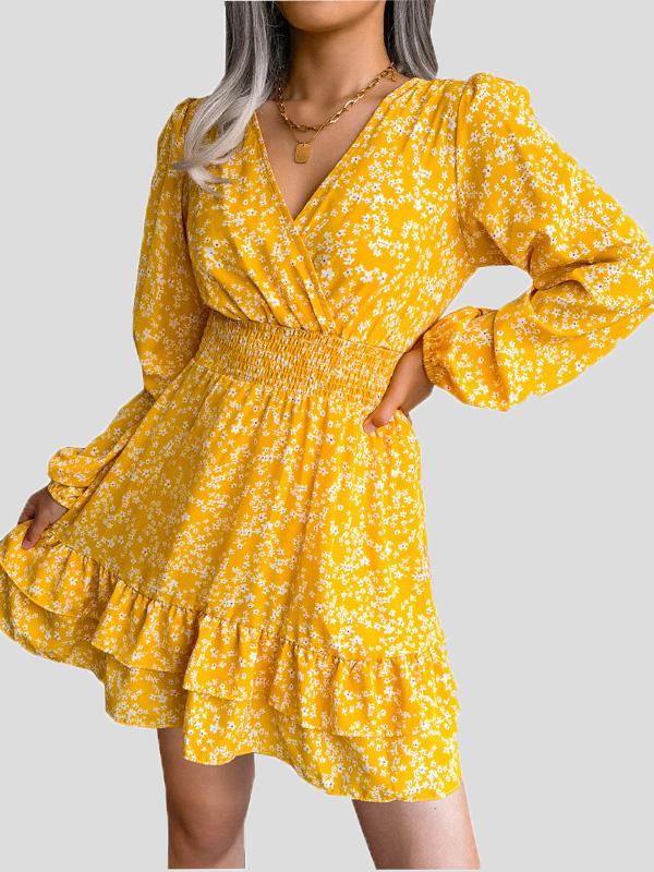 Women's Dresses Floral V-Neck Long Sleeve Mini Dress