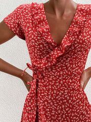 Women's Dresses Floral V-Neck Ruffled Lace-Up Dress