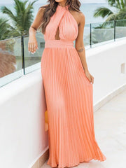 Women's Dresses Halterneck Hollow Open-Back Pleated Dress