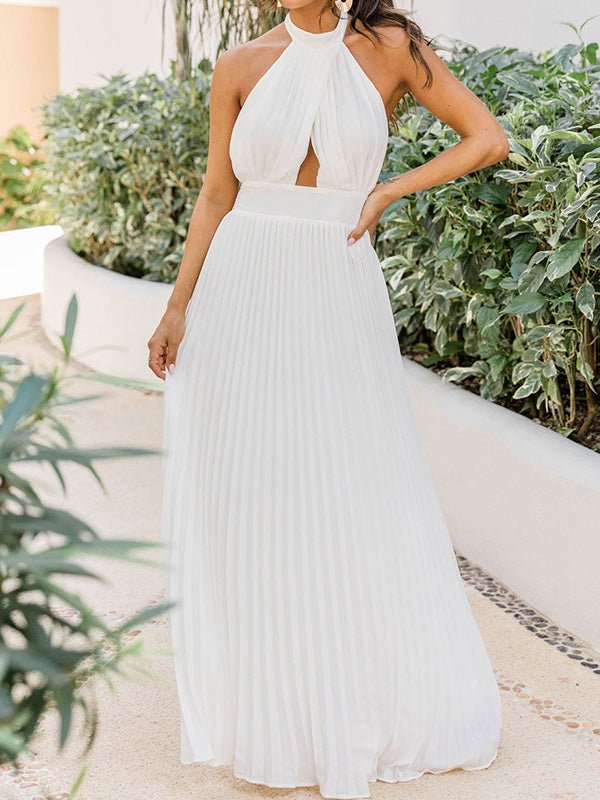 Women's Dresses Halterneck Hollow Open-Back Pleated Dress