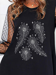 Women's Dresses Hot Rhinestone Feather Mesh Stitching Long Sleeve Dress