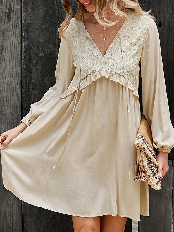 Women's Dresses Lace Stitching V-Neck Long Sleeve Dress