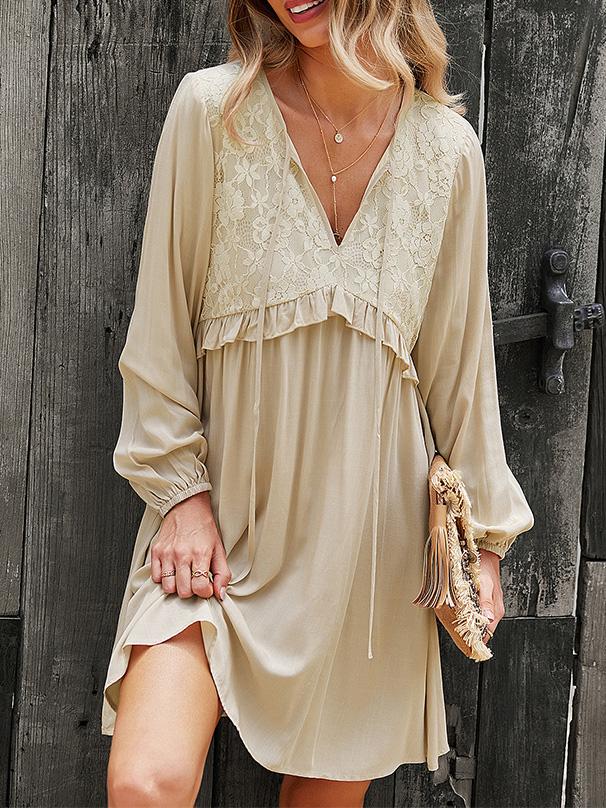 Women's Dresses Lace Stitching V-Neck Long Sleeve Dress