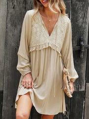 Women's Dresses Lace Stitching V-Neck Long Sleeve Dress