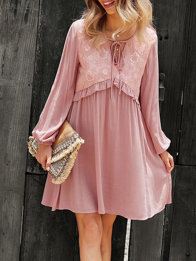 Women's Dresses Lace Stitching V-Neck Long Sleeve Dress