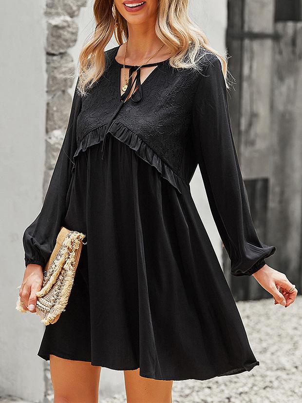 Women's Dresses Lace Stitching V-Neck Long Sleeve Dress