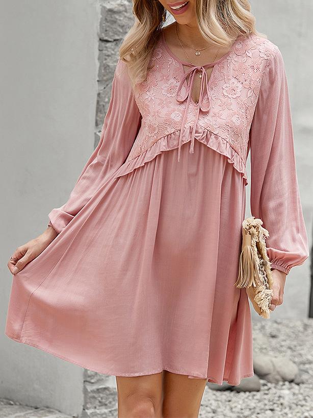 Women's Dresses Lace Stitching V-Neck Long Sleeve Dress