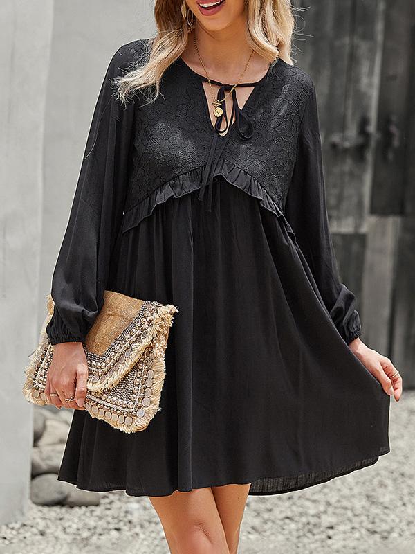 Women's Dresses Lace Stitching V-Neck Long Sleeve Dress