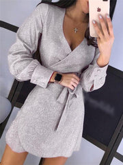 Women's Dresses Lace-Up V-Neck Long Sleeve Sequined Dress