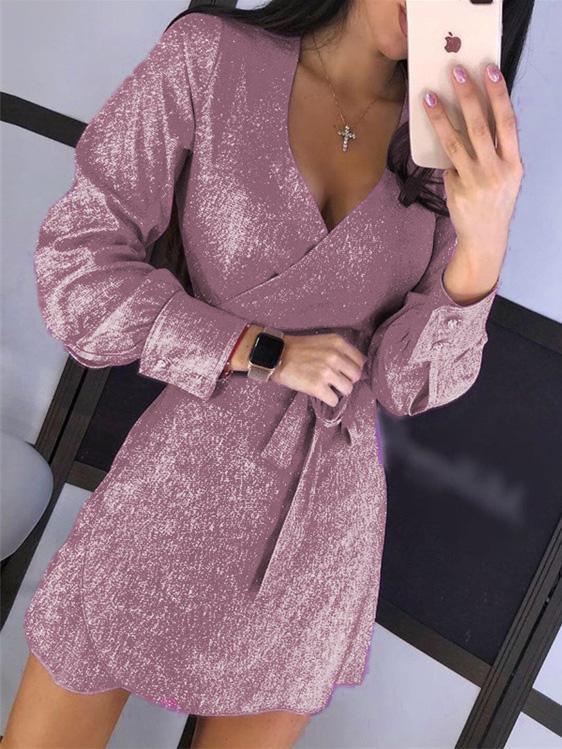 Women's Dresses Lace-Up V-Neck Long Sleeve Sequined Dress
