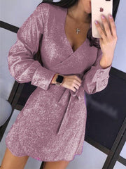 Women's Dresses Lace-Up V-Neck Long Sleeve Sequined Dress