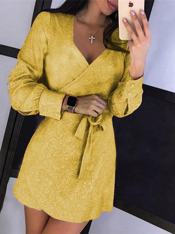 Women's Dresses Lace-Up V-Neck Long Sleeve Sequined Dress