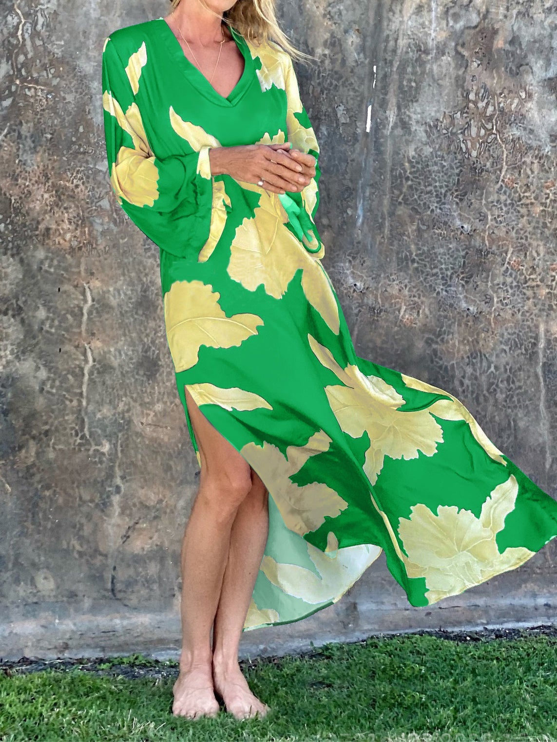 Women's Dresses Loose Floral V-Neck Long Sleeve Split Dress