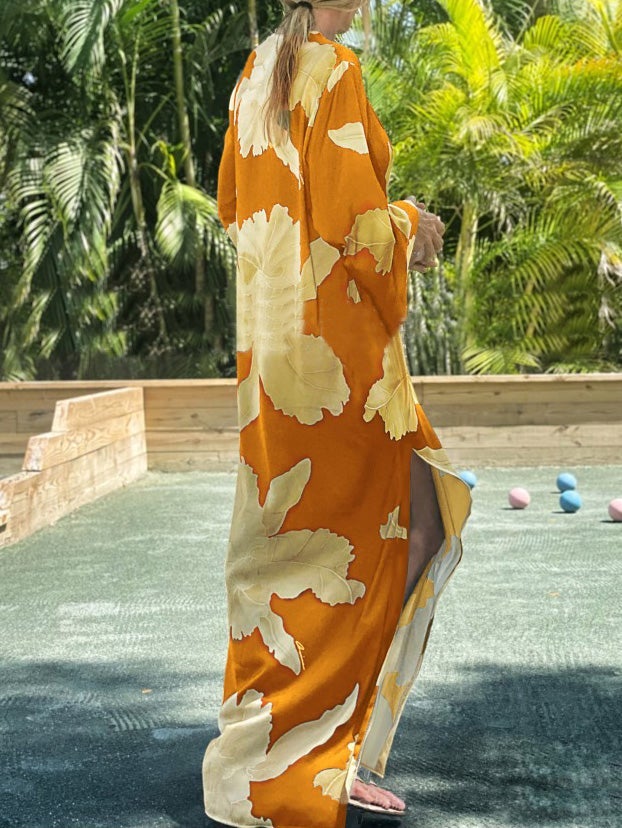 Women's Dresses Loose Floral V-Neck Long Sleeve Split Dress