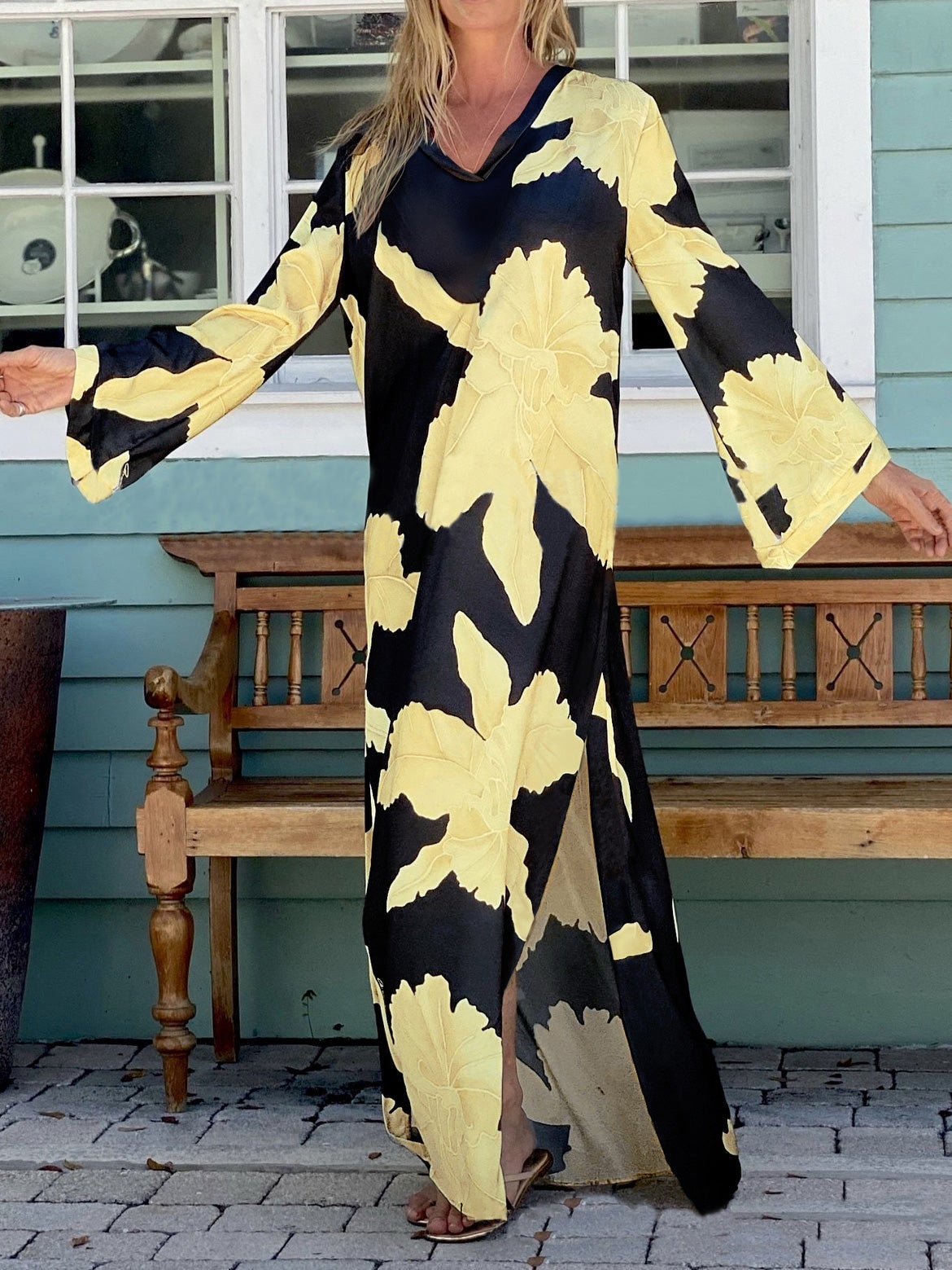 Women's Dresses Loose Floral V-Neck Long Sleeve Split Dress