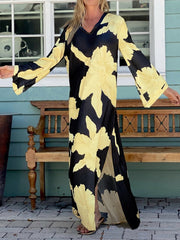 Women's Dresses Loose Floral V-Neck Long Sleeve Split Dress