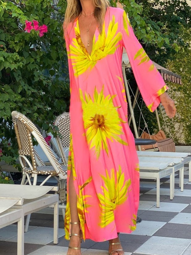 Women's Dresses Loose Floral V-Neck Long Sleeve Split Dress