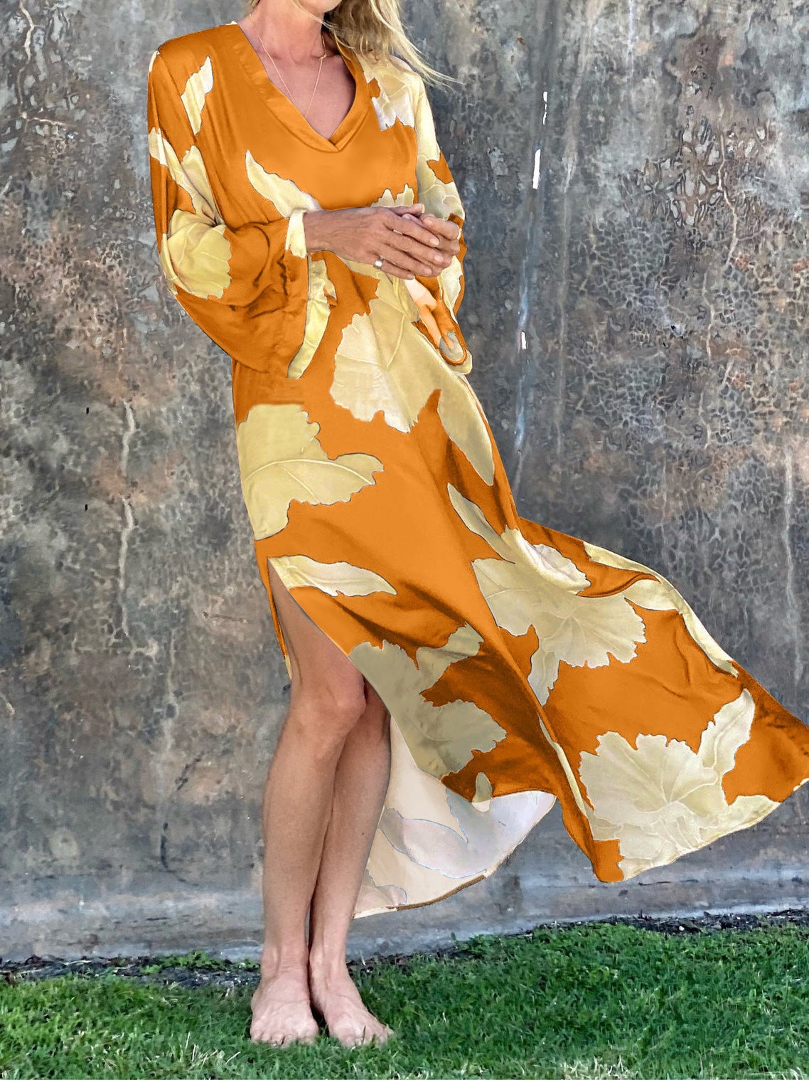 Women's Dresses Loose Floral V-Neck Long Sleeve Split Dress