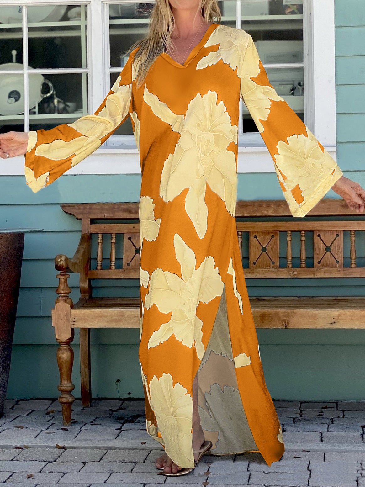Women's Dresses Loose Floral V-Neck Long Sleeve Split Dress