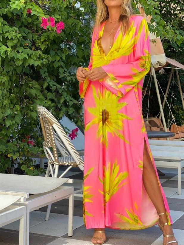 Women's Dresses Loose Floral V-Neck Long Sleeve Split Dress