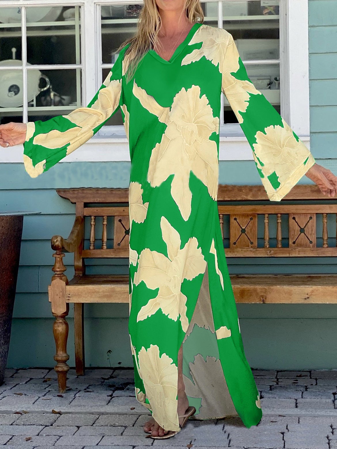 Women's Dresses Loose Floral V-Neck Long Sleeve Split Dress