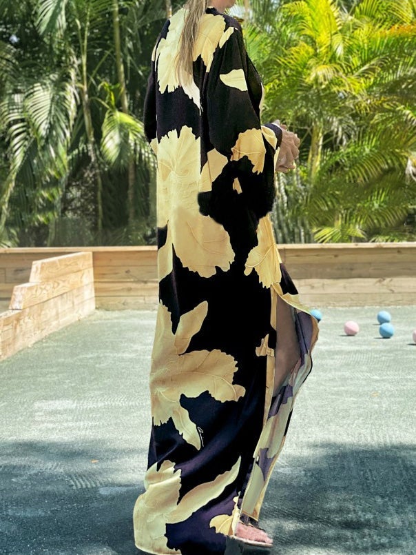 Women's Dresses Loose Floral V-Neck Long Sleeve Split Dress