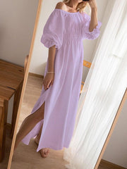Women's Dresses Loose One-Shoulder Mid Sleeve Slit Dress