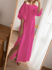 Women's Dresses Loose One-Shoulder Mid Sleeve Slit Dress
