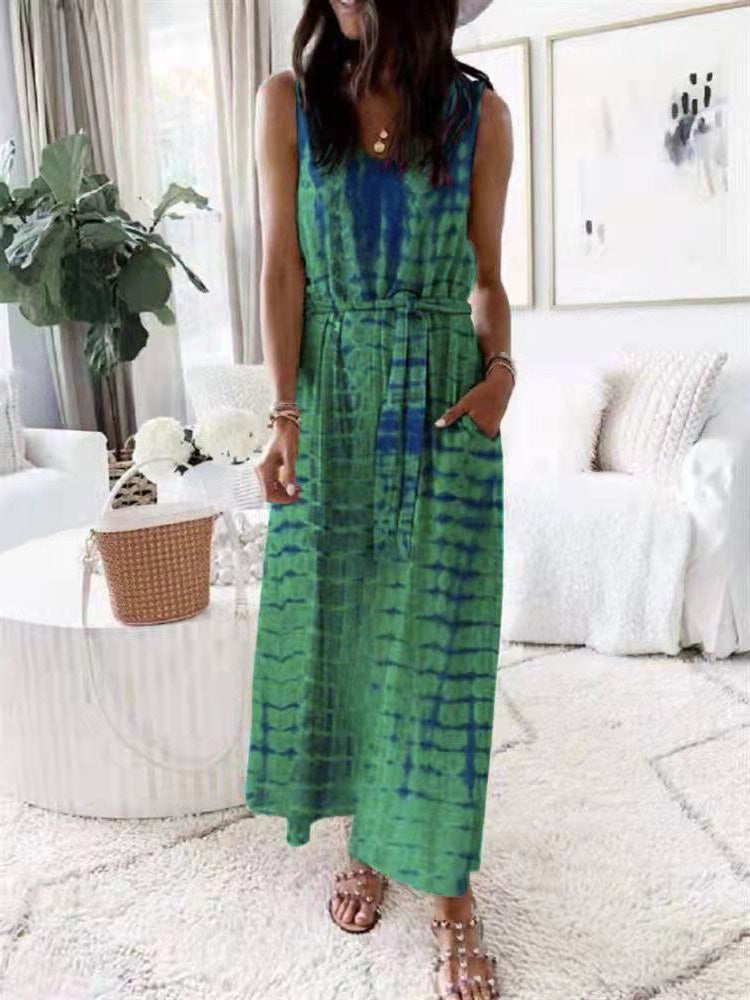 Women's Dresses Loose Printed Belted Pocket Vest Dress
