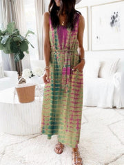 Women's Dresses Loose Printed Belted Pocket Vest Dress
