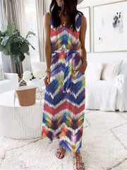 Women's Dresses Loose Printed Belted Pocket Vest Dress