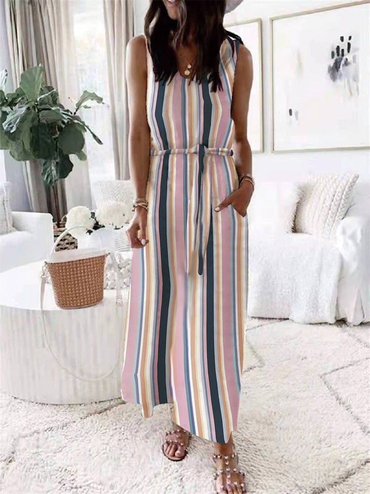 Women's Dresses Loose Printed Belted Pocket Vest Dress