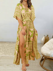 Women's Dresses Loose V-Neck Print High Slit Dress