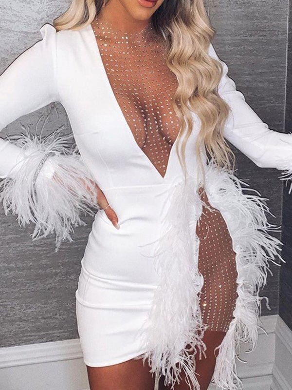 Women's Dresses Mesh Panel Feather Long Sleeve Slim Fit Dress