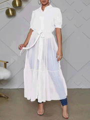 Women's Dresses Mesh Panel Lapel Belted Shirt Dress