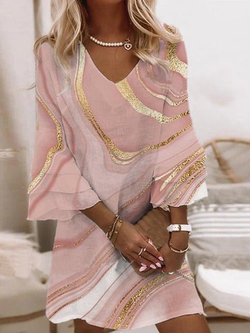 Women's Dresses Multicolor Print V-Neck 3/4 Sleeve Dress