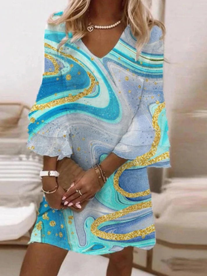 Women's Dresses Multicolor Print V-Neck 3/4 Sleeve Dress
