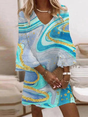 Women's Dresses Multicolor Print V-Neck 3/4 Sleeve Dress