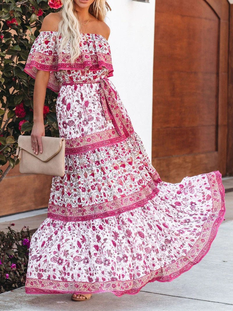 Women's Dresses One-Shoulder Print Lace-Up Swing Dress